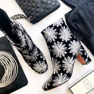 Black Velvet Floral Sequin Embellished Booties